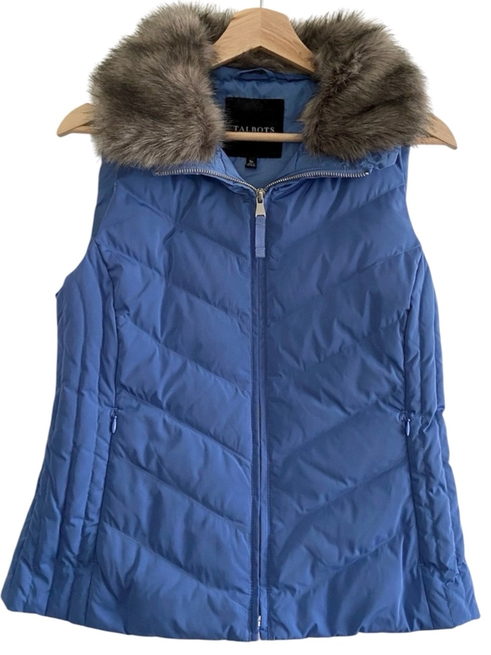 Talbots Down Fill Puffer Vest Blue Removable Faux Fur Collar Preppy SP S Petite